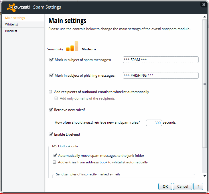 Avast Spam Settings Main Settings Avast Spam Settings Main Settings
