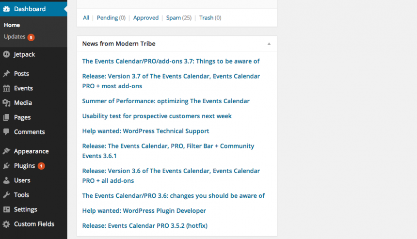 Remove "News from Modern Tribe" dashboard widget Remove "News from Modern Tribe" dashboard widget
